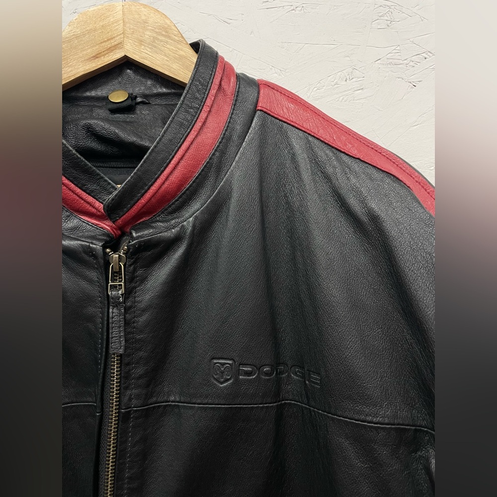 Vintage Saxon Black and Red Leather “Dodge” Ram Logo Moto Jacket, Size XL